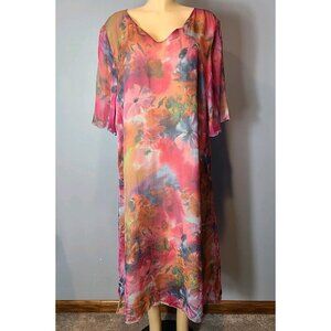 Dinah Lee Floral Silk Watercolor Shift Midi Dress Size 1X Resort Vacation Art